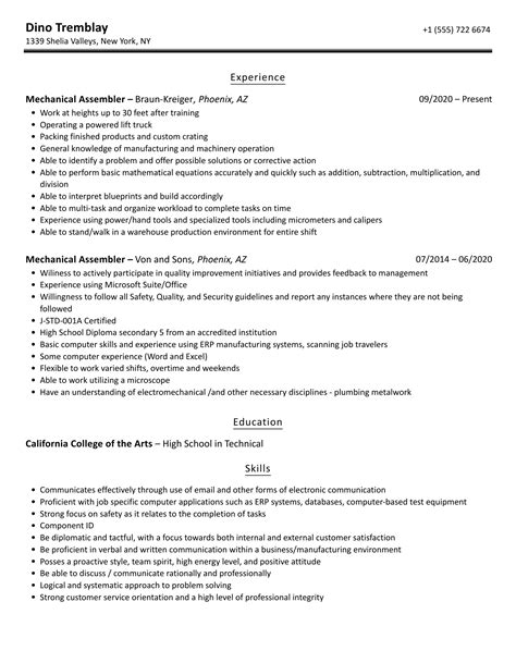 mechanical assembler resume|Assembler Resume: Examples and Tips .
